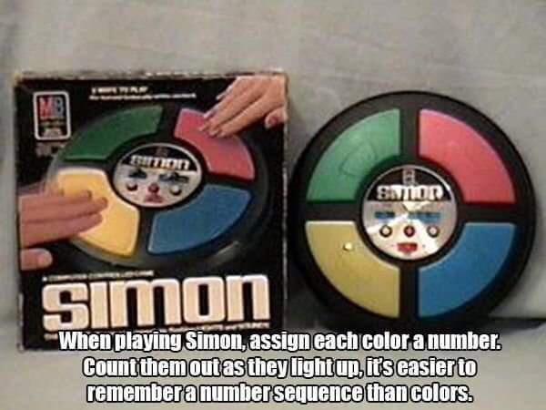 simon game - Samor Simo When playing Simon, assign each color a number. Count them out as they lighten it's easier to remember a number sequence than colors.