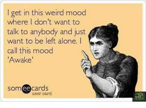 shits gonna hit the fan - I get in this weird mood where I don't want to talk to anybody and just want to be left alone. call this mood "Awake! someecards user card