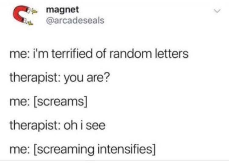 therapy meme - grameen caledonian college of nursing - magnet me i'm terrified of random letters therapist you are? me screams therapist oh i see me screaming intensifies