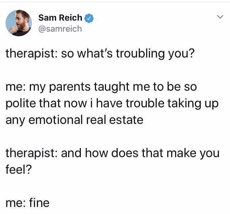 therapy meme - depression - Sam Reich therapist so what's troubling you? me my parents taught me to be so polite that now i have trouble taking up any emotional real estate therapist and how does that make you feel? me fine