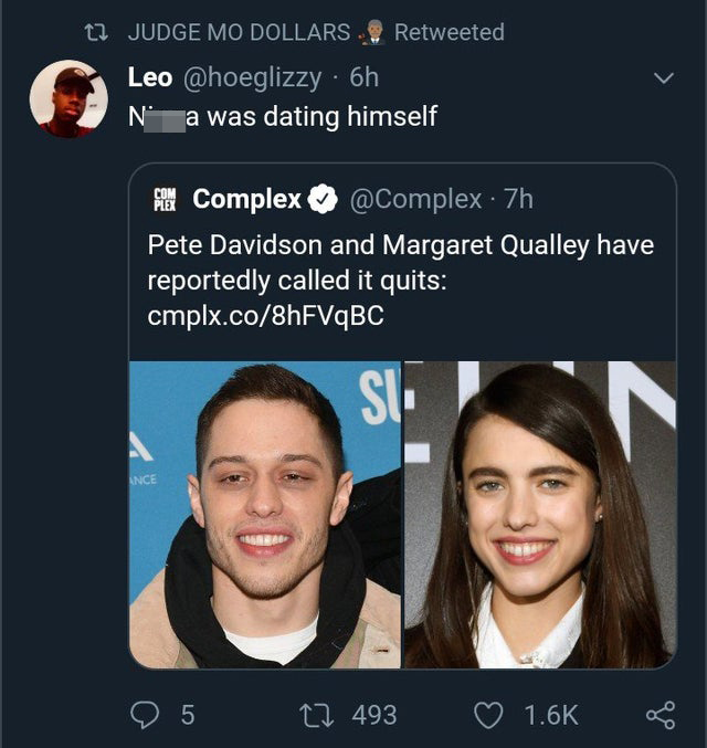 smile - 22 Judge Mo Dollars Retweeted, Leo . 6h N a was dating himself en Complex . 7h Pete Davidson and Margaret Qualley have reportedly called it quits cmplx.co8hFVqBC Ance '95 22 493