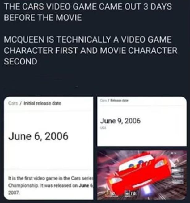 Nintendo - The Cars Video Game Came Out 3 Days Before The Movie Mcqueen Is Technically A Video Game Character First And Movie Character Second Cars Initial release date It is the first video game in the Cars serie Championship. It was released on
