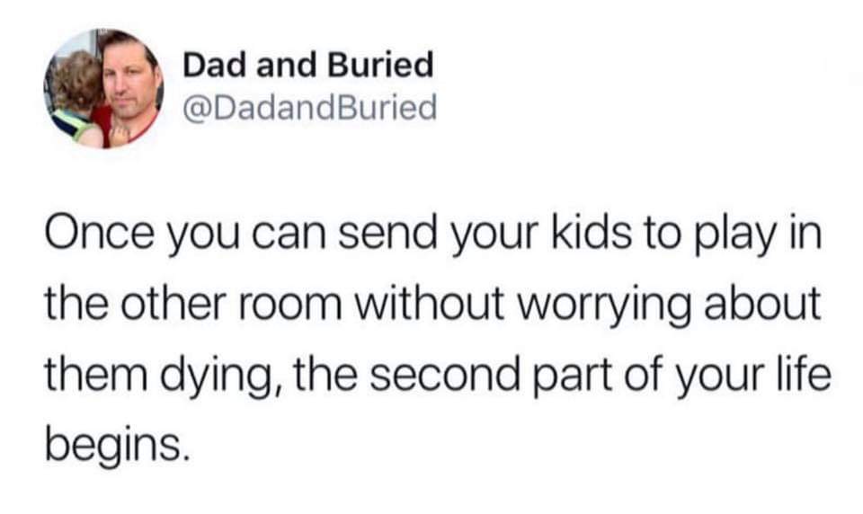 sister twitter quotes - Dad and Buried Once you can send your kids to play in the other room without worrying about them dying, the second part of your life begins.
