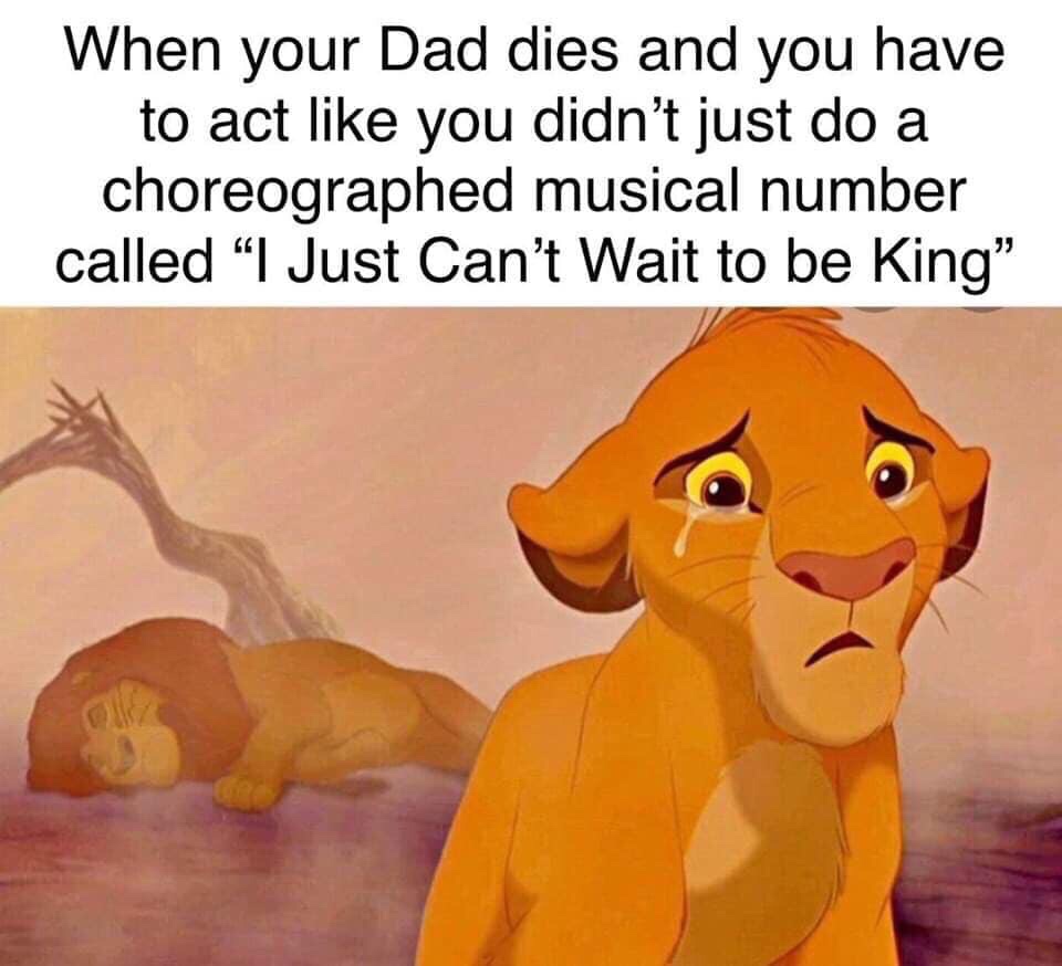 Disney meme - lion king simba crying - When your Dad dies and you have to act you didn't just do a choreographed musical number called "I Just Can't Wait to be King"