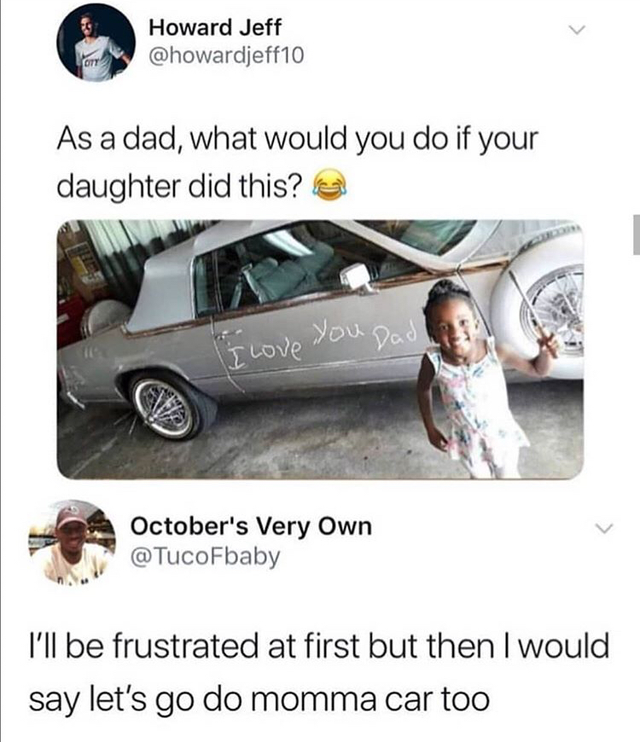 love u daddy on the car - Howard Jeff As a dad, what would you do if your daughter did this? f Love you Dar October's Very Own I'll be frustrated at first but then I would say let's go do momma car too