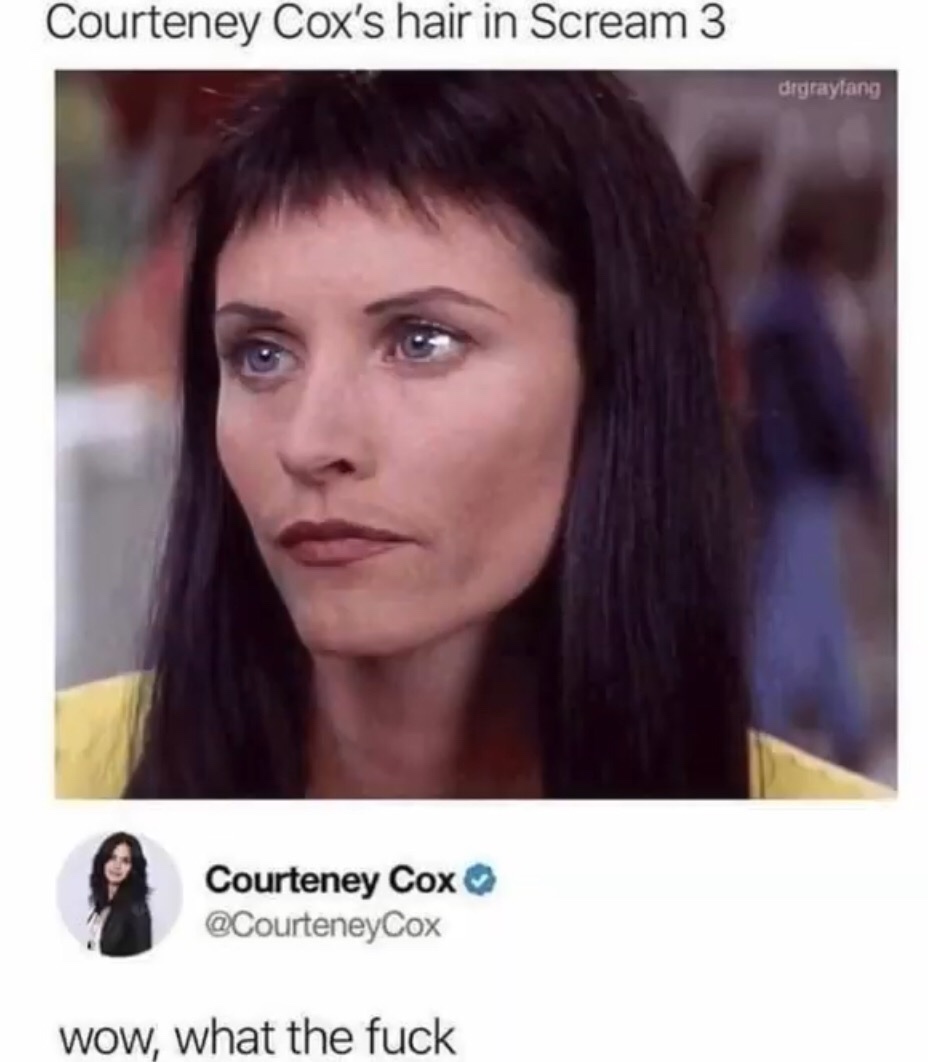 courteney cox hair scream 3 - Courteney Cox's hair in Scream 3 drgraylang Courteney Cox Cox Wow, what the fuck