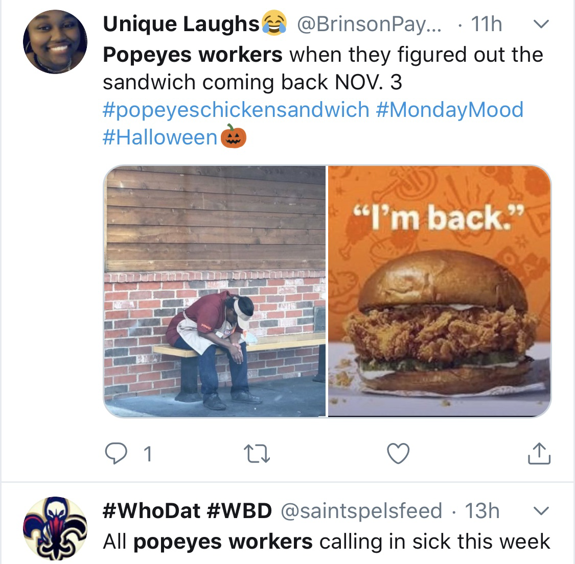 new orleans pelicans - Unique Laughs Pay... 11h v Popeyes workers when they figured out the sandwich coming back Nov. 3 Mood "I'm back." 91 L2 13h v All popeyes workers calling in sick this week