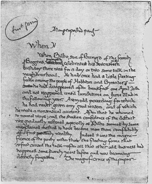 old photo - first page of lord of the rings - genug Drongespected parf Whend When Bilbo, son of Bungo of the famih Baggins, celebrated his Sevenaith birthdaythere was for a day or to Some talk in the neich Keurhood, Jehnd once had a little fleetiner fame 