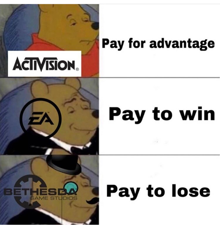 thesaurus meme - Pay for advantage Activision Pay to win Bethesar Ethesra Game Studios Pay to lose