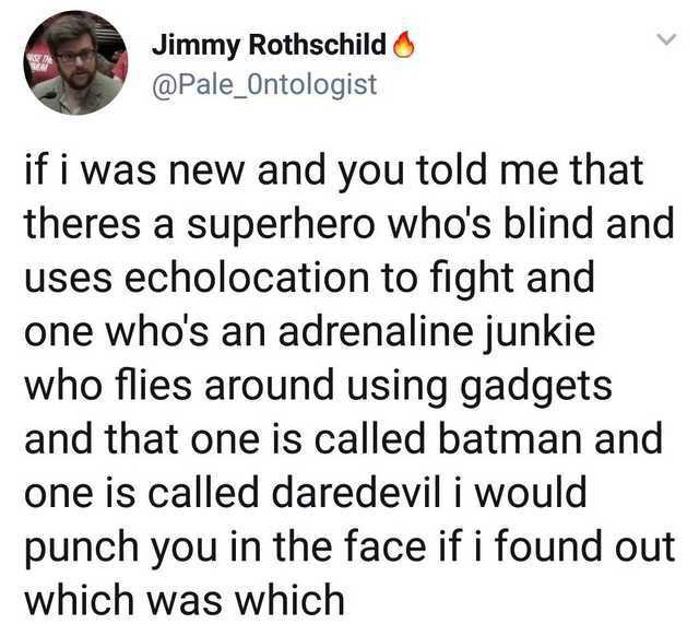 grass waits for no one - Jimmy Rothschild if i was new and you told me that theres a superhero who's blind and uses echolocation to fight and one who's an adrenaline junkie who flies around using gadgets and that one is called batman and one is called dar