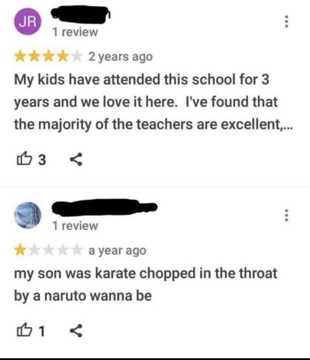 my son got karate chopped in the throat by a naruto wannabe - Jr 1 review 2 years ago My kids have attended this school for 3 years and we love it here. I've found that the majority of the teachers are excellent.... B3
