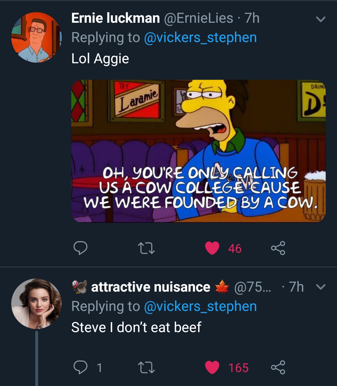 rant - screenshot - Ernie luckman .7h Lol Aggie Laramie D Oh, You'Re Only Calling Us A Cow College Cause We Were Founded By A Cow. v attractive nuisance ... .7h Steve I don't eat beef 0 1 2 165