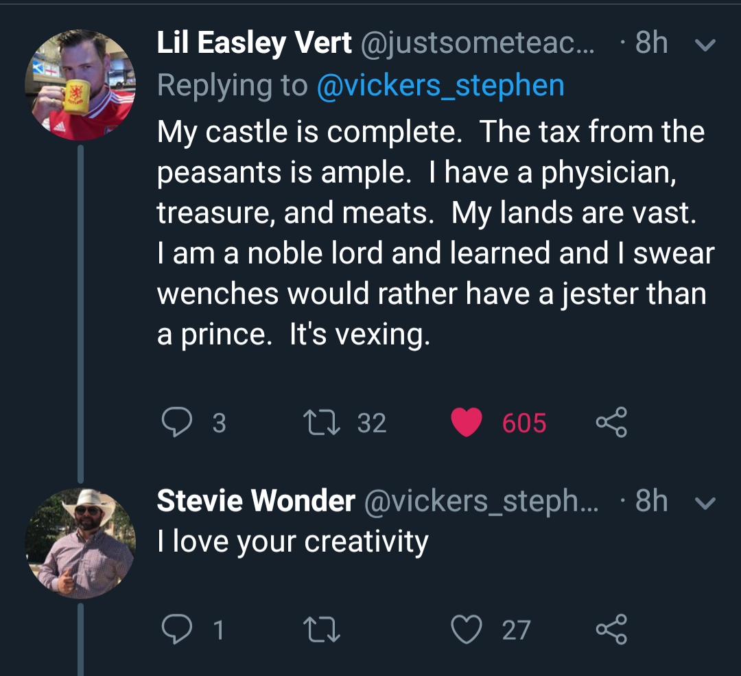 rant - economy of india - Lil Easley Vert ... 8h v My castle is complete. The tax from the peasants is ample. I have a physician, treasure, and meats. My lands are vast. Tam a noble lord and learned and I swear wenches would rather have a jester than a pr