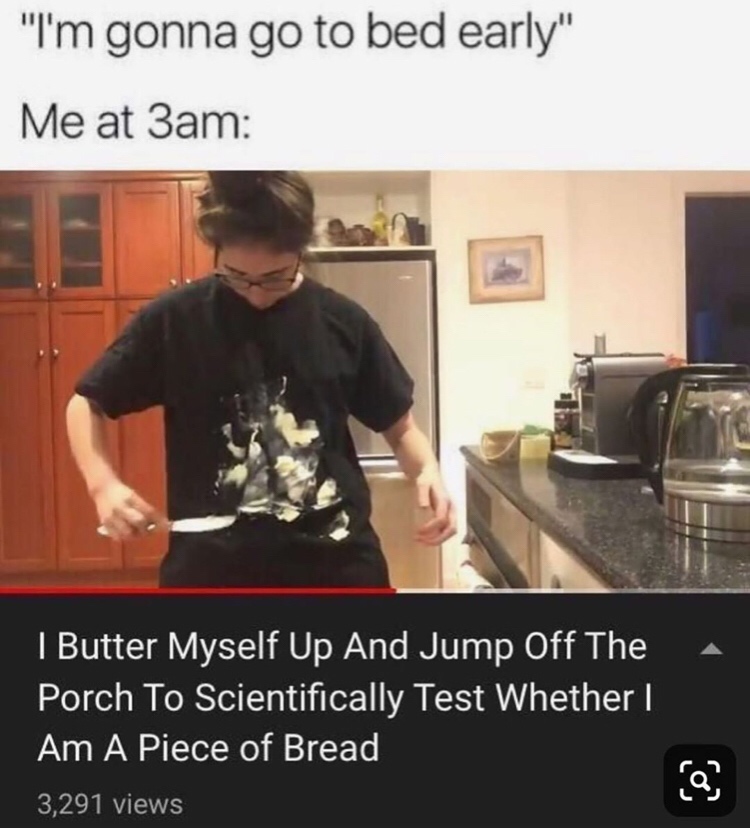 i m gonna go to bed early me - "I'm gonna go to bed early" Me at 3am A I Butter Myself Up And Jump Off The Porch To Scientifically Test Whether | Am A Piece of Bread 3,291 views
