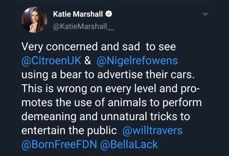 Katie Marshall Marshall_ Very concerned and sad to see & using a bear to advertise their cars. This is wrong on every level and pro motes the use of animals to perform demeaning and unnatural tricks to entertain the public