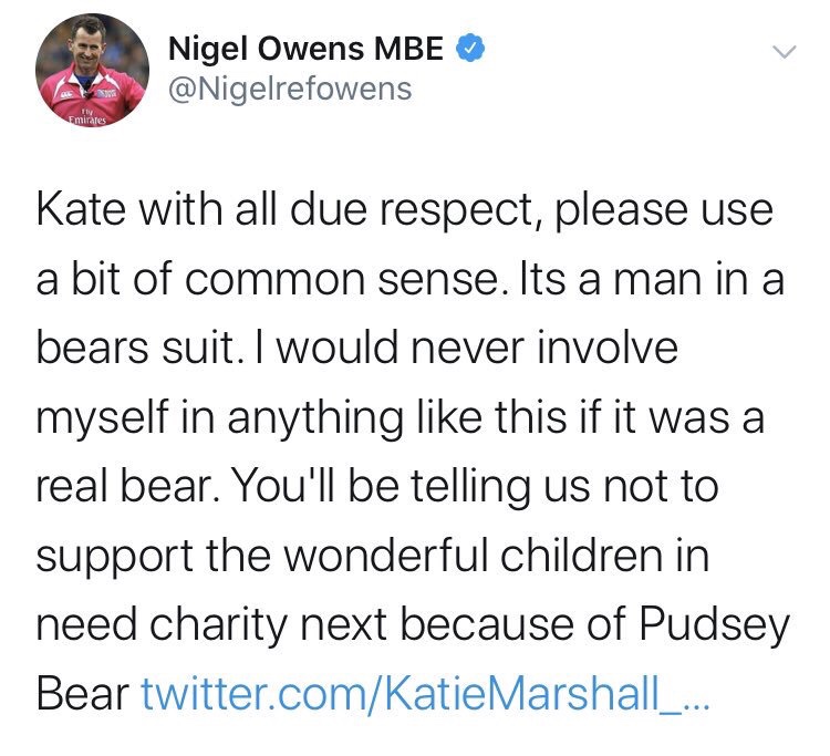 pro life counter argument - Nigel Owens Mbe Emirates Kate with all due respect, please use a bit of common sense. Its a man in a bears suit. I would never involve myself in anything this if it was a real bear. You'll be telling us not to support the wonde