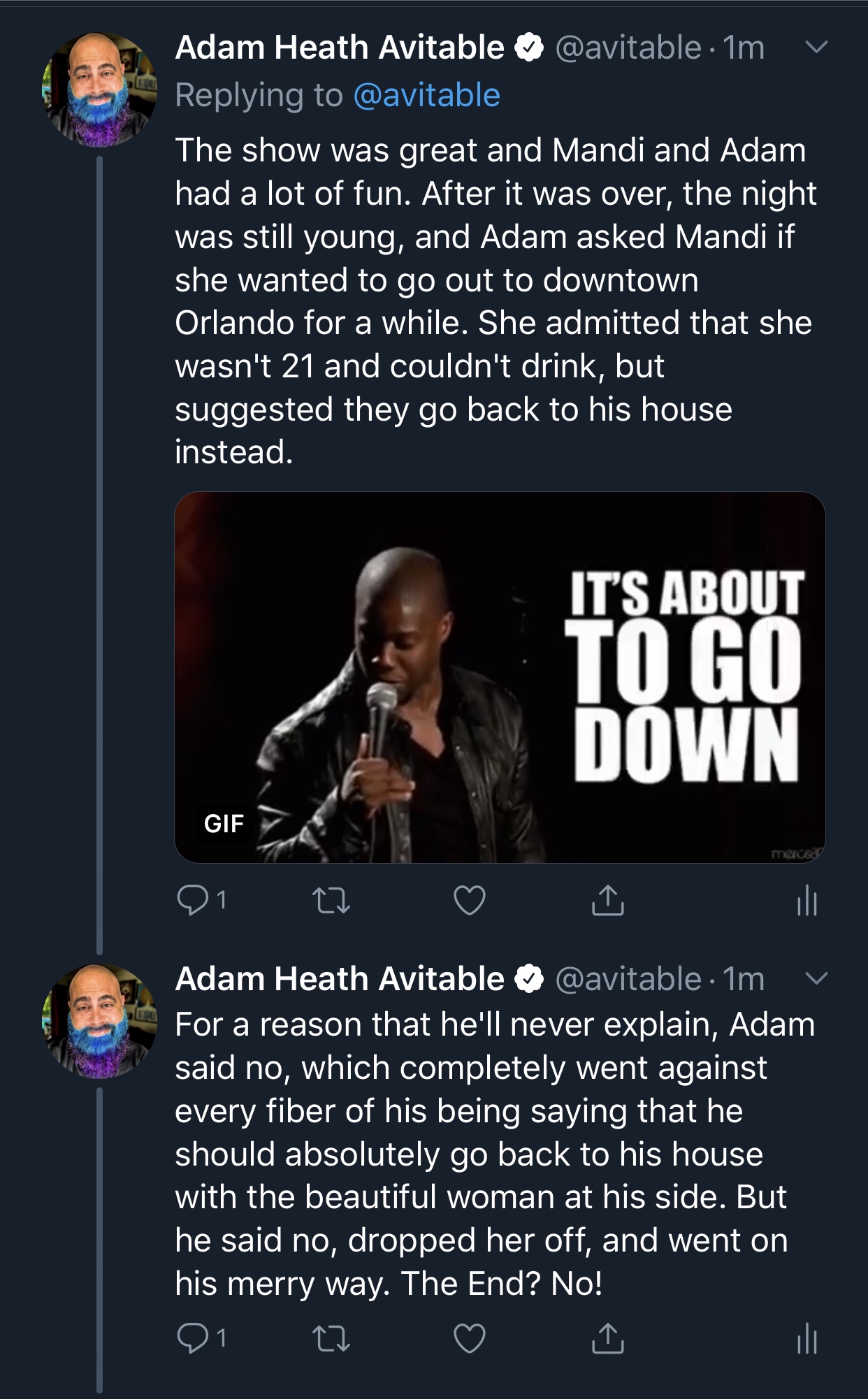 screenshot - Adam Heath Avitable . Im The show was great and Mandi and Adam had a lot of fun. After it was over, the night was still young, and Adam asked Mandi if she wanted to go out to downtown Orlando for a while. She admitted that she wasn't 21 and c