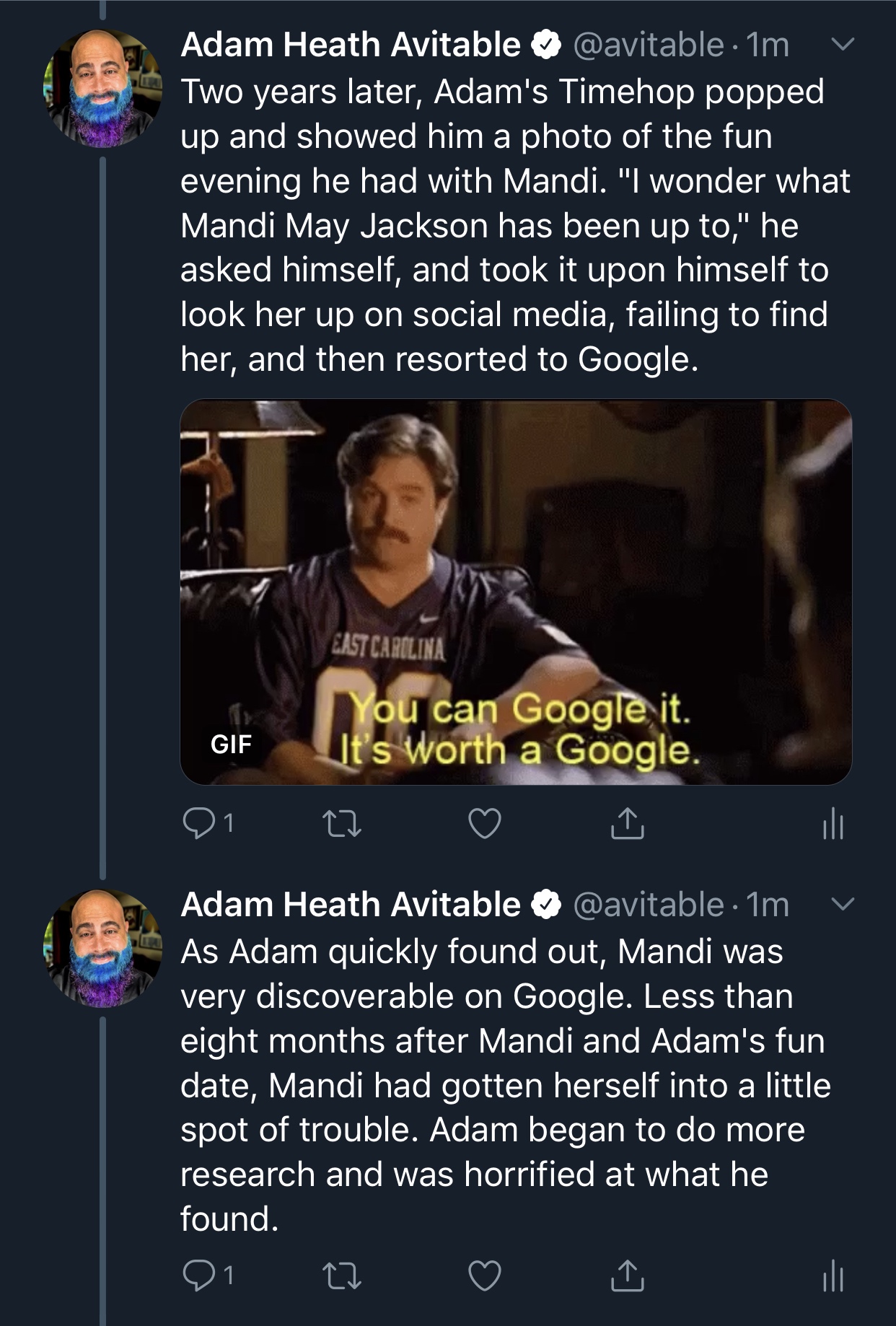 screenshot - Adam Heath Avitable . Im V Two years later, Adam's Timehop popped up and showed him a photo of the fun evening he had with Mandi. "I wonder what Mandi May Jackson has been up to," he asked himself, and took it upon himself to look her up on s