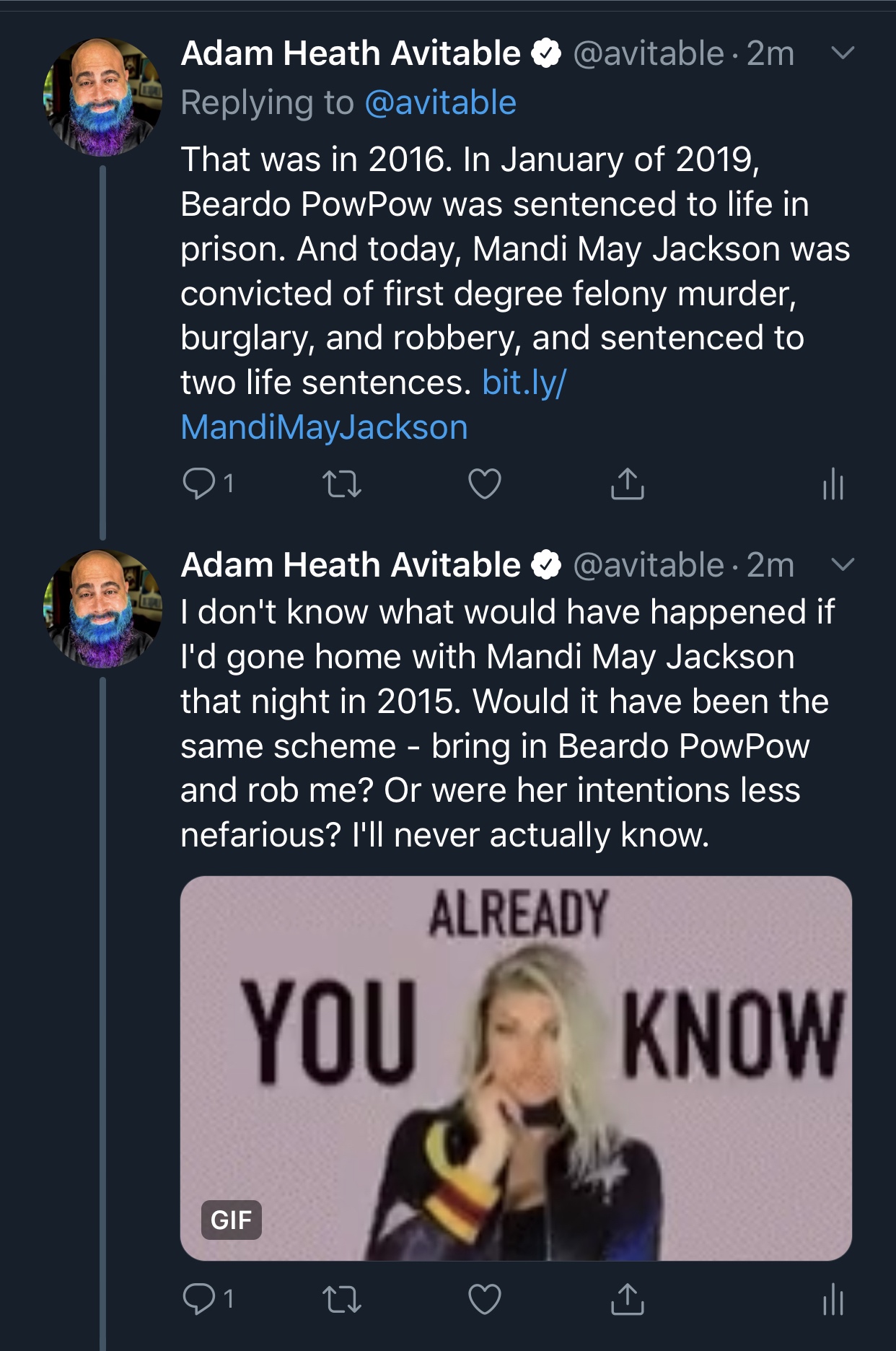 screenshot - Adam Heath Avitable 2mV That was in 2016. In January of 2019, Beardo PowPow was sentenced to life in prison. And today, Mandi May Jackson was convicted of first degree felony murder, burglary, and robbery, and sentenced to two life sentences.