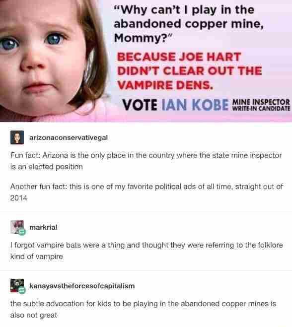 child - "Why can't I play in the abandoned copper mine, Mommy?" Because Joe Hart Didn'T Clear Out The Vampire Dens. Vote Ian Kobe Mine In Septester arizonaconservativegal Fun fact Arizona is the only place in the country where the state mine inspector is 