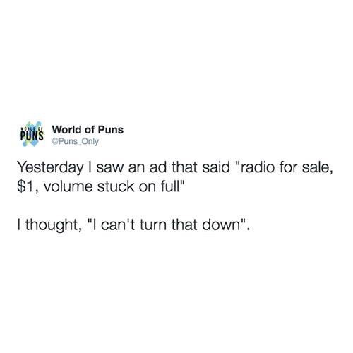 document - Puns World of Puns Puns Puns Only Yesterday I saw an ad that said "radio for sale, $1, volume stuck on full" I thought, "I can't turn that down".