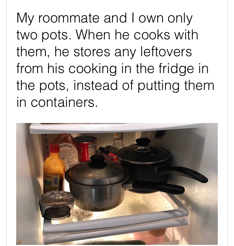 Refrigerator - My roommate and I own only two pots. When he cooks with them, he stores any leftovers from his cooking in the fridge in the pots, instead of putting them in containers.