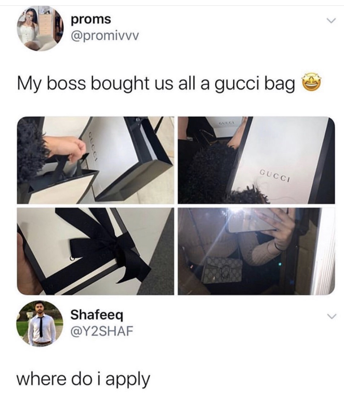 material - proms My boss bought us all a gucci bag & Gucci Shafeeq where doi apply