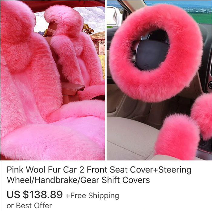 Steering wheel - Pink Wool Fur Car 2 Front Seat CoverSteering WheelHandbrakeGear Shift Covers Us $138.89 Free Shipping or Best Offer