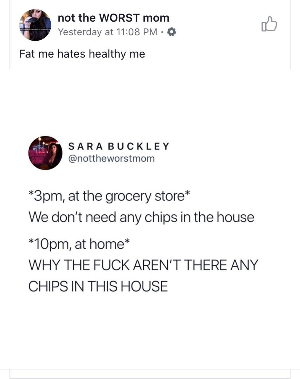 angle - not the Worst mom Yesterday at 0 Fat me hates healthy me Sara Buckley 3pm, at the grocery store We don't need any chips in the house 10pm, at home Why The Fuck Aren'T There Any Chips In This House