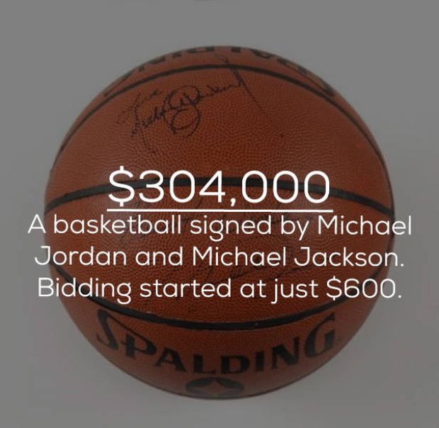 ball - $304,000 A basketball signed by Michael Jordan and Michael Jackson. Bidding started at just $600. Palding