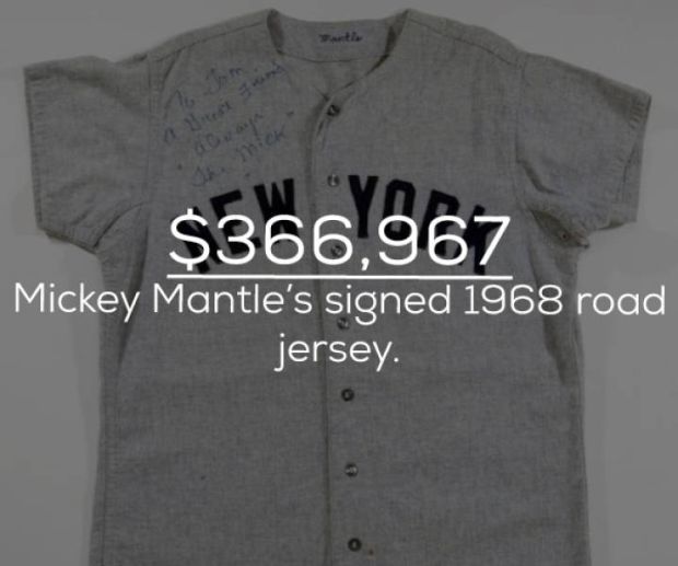 sleeve - $366,967 Mickey Mantle's signed 1968 road jersey.