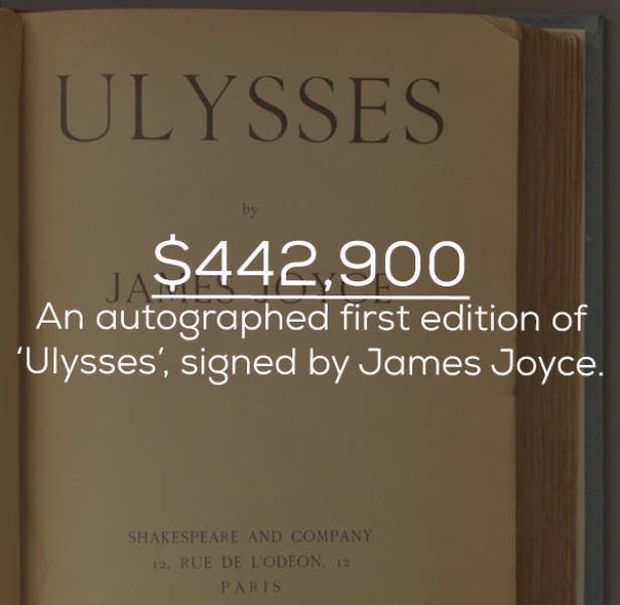 book - Ulysses $442,900 An autographed first edition of 'Ulysses', signed by James Joyce. Shakespeare And Company 19. Rue De Lodeon. 19 Paris