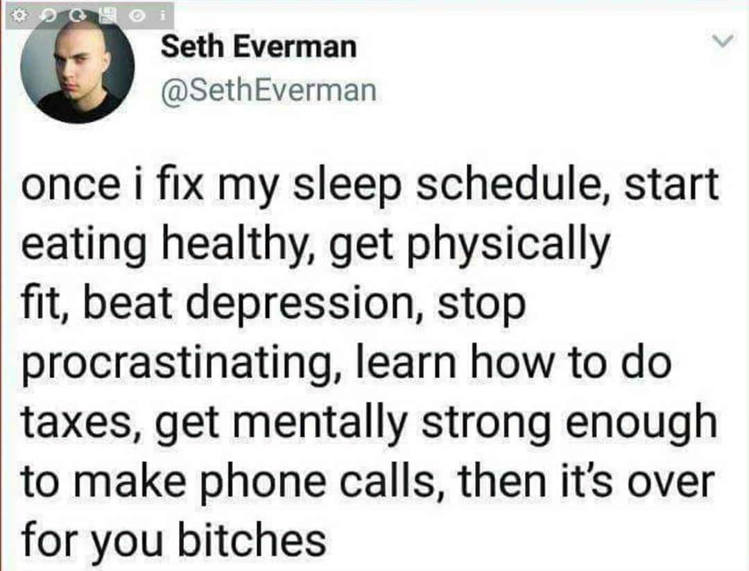 once i fix my sleep schedule meme - Seth Everman Everman once i fix my sleep schedule, start eating healthy, get physically fit, beat depression, stop procrastinating, learn how to do taxes, get mentally strong enough to make phone calls, then it's over f