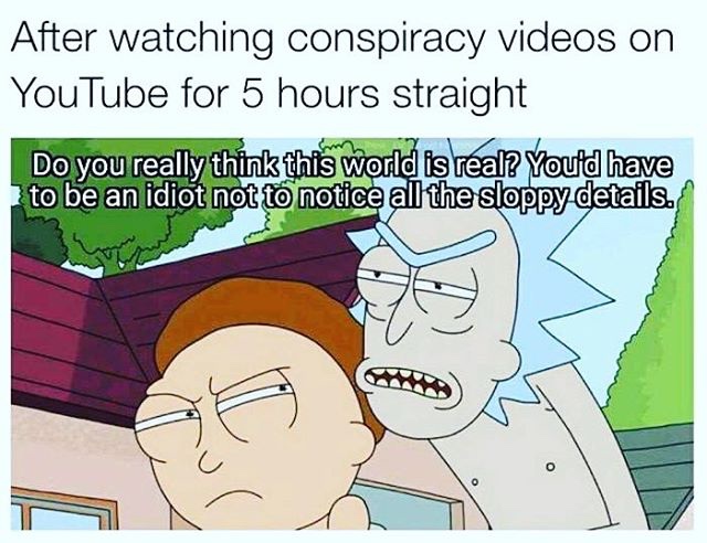 rick and morty conspiracy theory meme - After watching conspiracy videos on YouTube for 5 hours straight Do you really think this world is real? You'd have to be an idiot not to notice all the sloppy details.