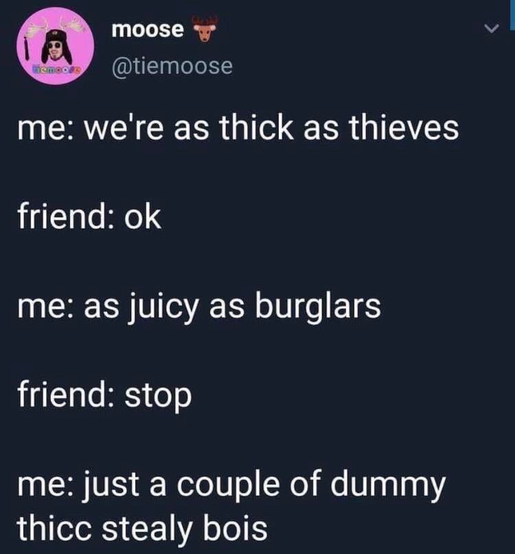 thicc as thieves - moose memece me we're as thick as thieves friend ok me as juicy as burglars friend stop me just a couple of dummy thicc stealy bois