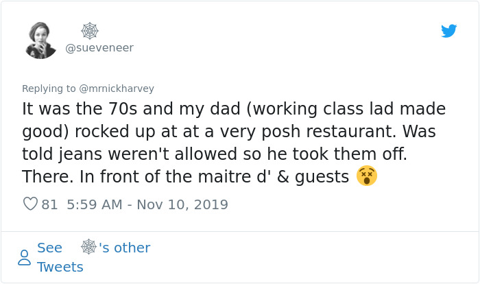 second civil war letters twitter - It was the 70s and my dad working class lad made good rocked up at at a very posh restaurant. Was told jeans weren't allowed so he took them off. There. In front of the maitre d' & guests 81 's other See Tweets
