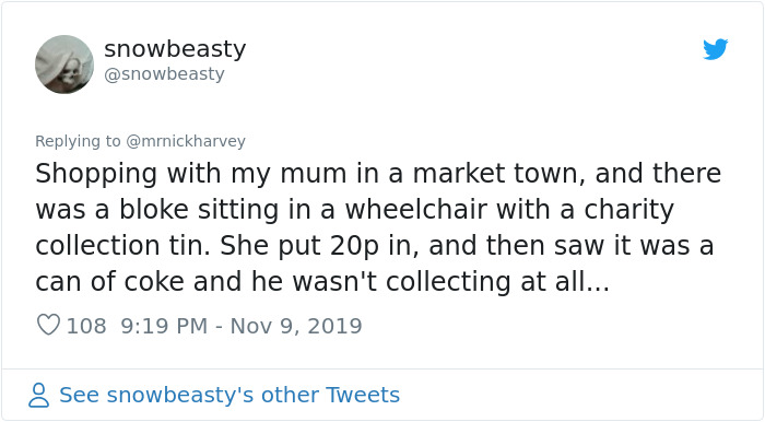 tulsi gabbard assad tweet - snowbeasty Shopping with my mum in a market town, and there was a bloke sitting in a wheelchair with a charity collection tin. She put 20p in, and then saw it was a can of coke and he wasn't collecting at all... 108 8 See snowb