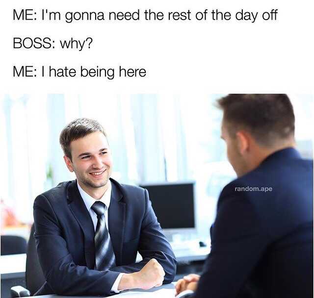 interview memes - Me I'm gonna need the rest of the day off Boss why? Me I hate being here random.ape