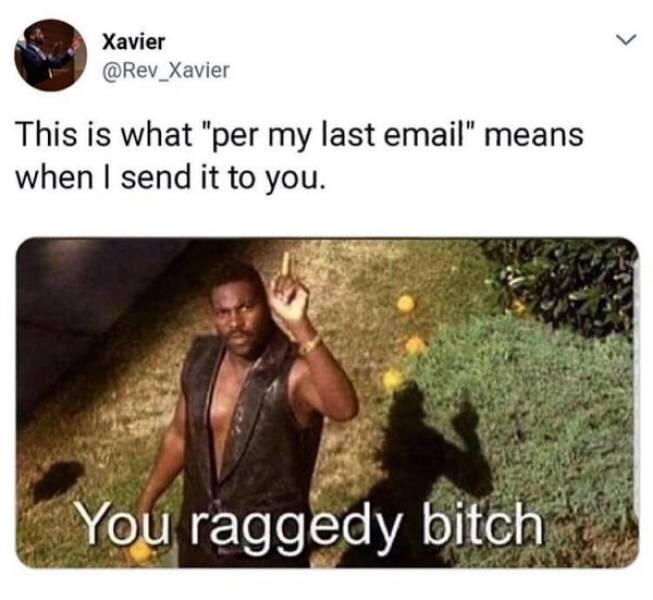 you raggedy bitch - Xavier This is what "per my last email" means when I send it to you. You raggedy bitch