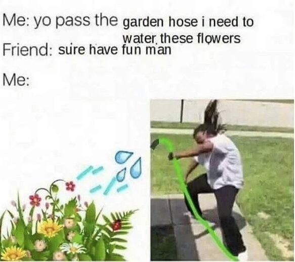 yo pass me the meme - Me yo pass the garden hose i need to water these flowers Friend sure have fun man Me