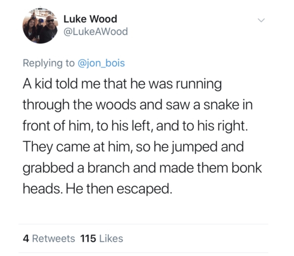 document - Luke Wood AWood A kid told me that he was running through the woods and saw a snake in front of him, to his left, and to his right. They came at him, so he jumped and grabbed a branch and made them bonk heads. He then escaped. 4 115
