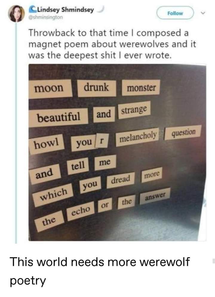 werewolf fridge poem - CLindsey Shmindsey shminsington Throwback to that time I composed a magnet poem about werewolves and it was the deepest shit I ever wrote. moon moon drunk monster monster beautiful and strange howl your melancholy 1 question and tel