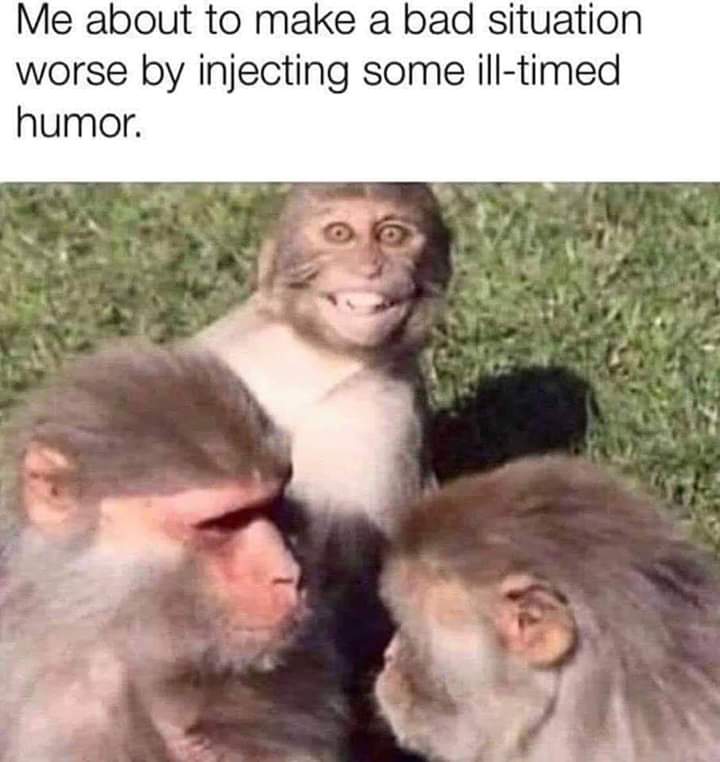 me about to make a bad situation worse by injecting some ill timed humor - Me about to make a bad situation worse by injecting some illtimed humor.