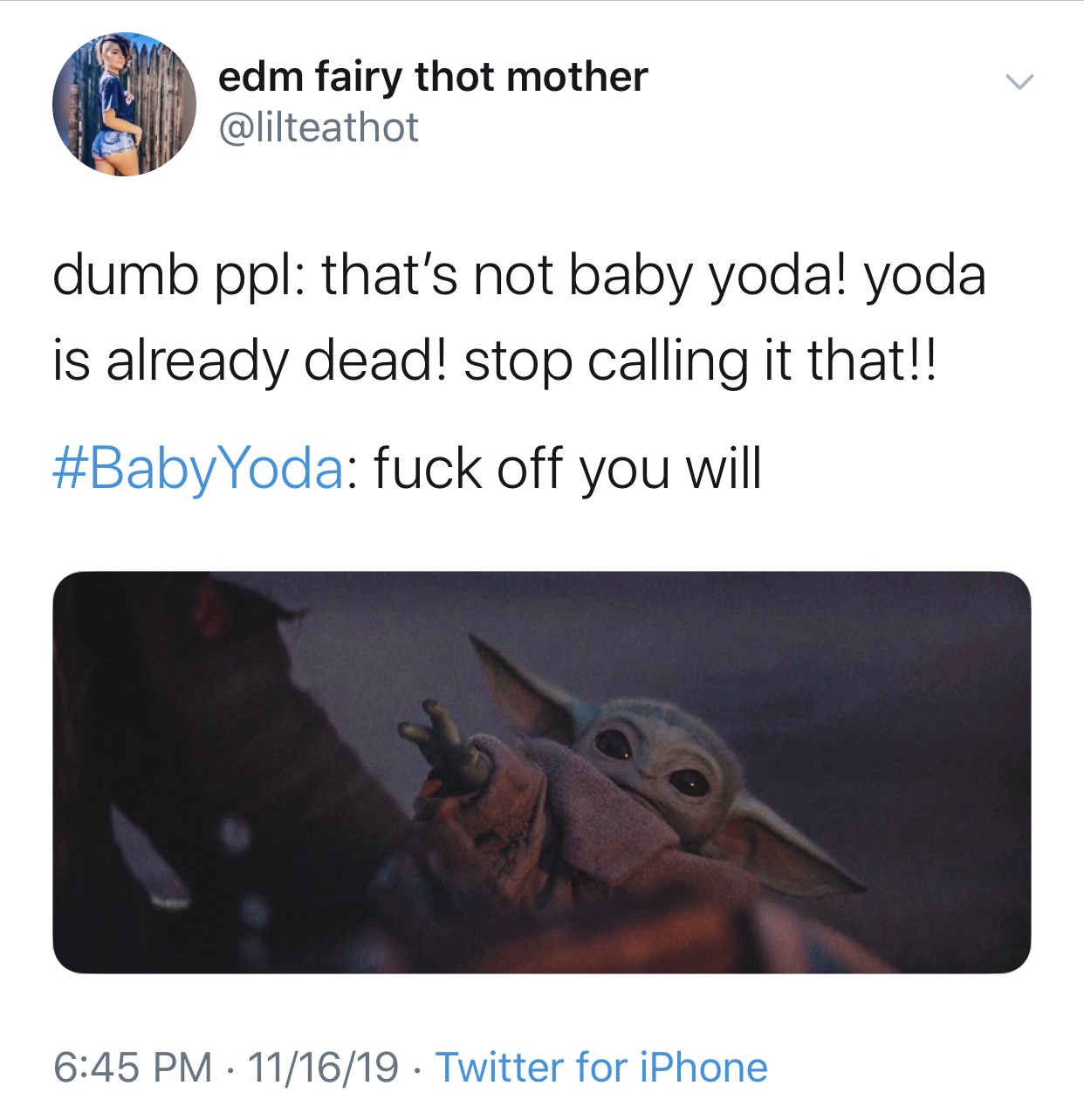 baby yoda meme - edm fairy thot mother dumb ppl that's not baby yoda! yoda is already dead! stop calling it that!! fuck off you will 111619 Twitter for iPhone