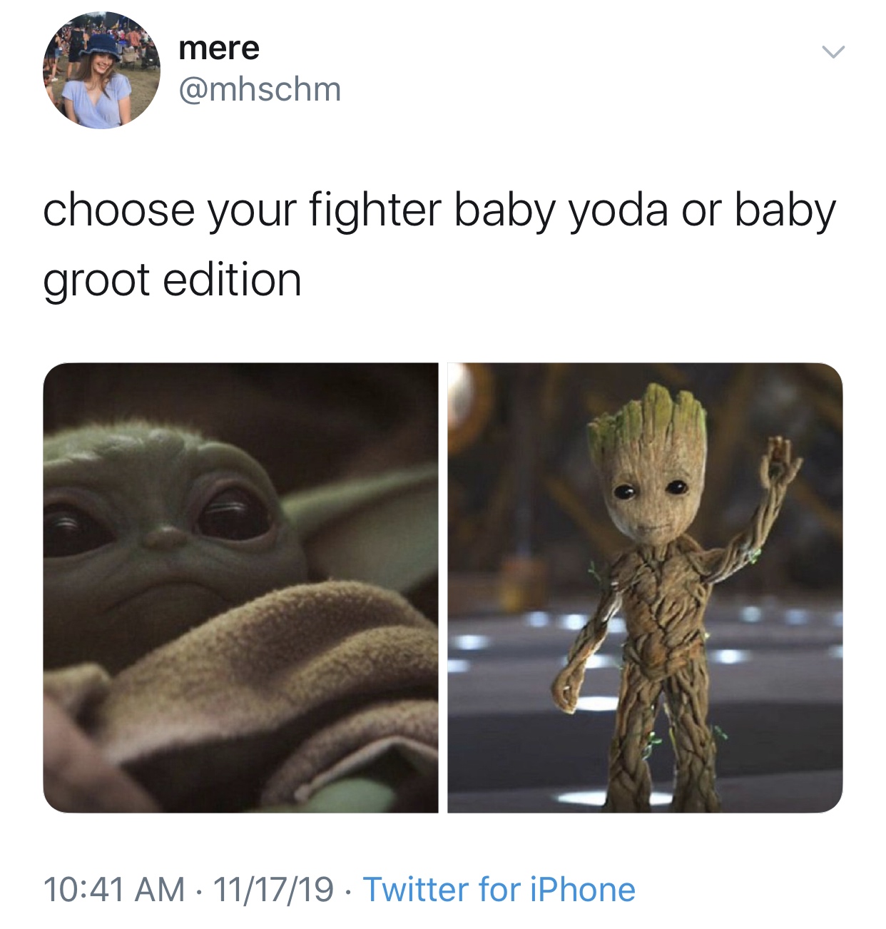 baby yoda meme - mere choose your fighter baby yoda or baby groot edition 111719 Twitter for iPhone