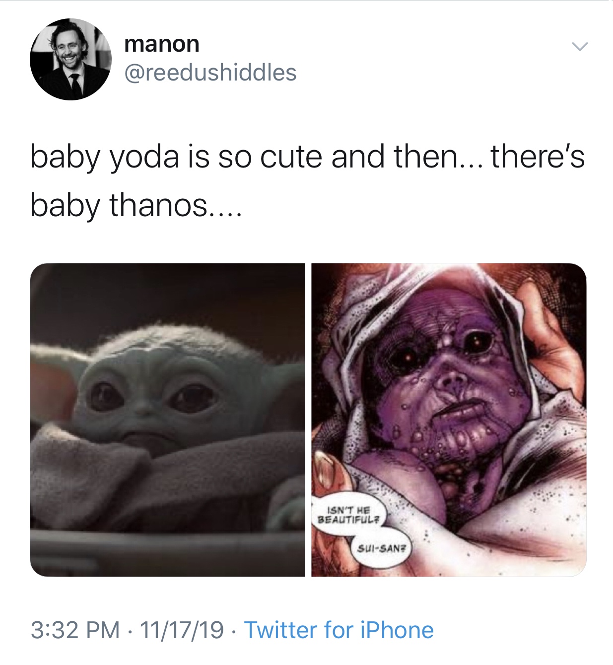 baby yoda meme - manon baby yoda is so cute and then... there's baby thanos... Isn'T He Beautiful? SuiSans 111719 Twitter for iPhone