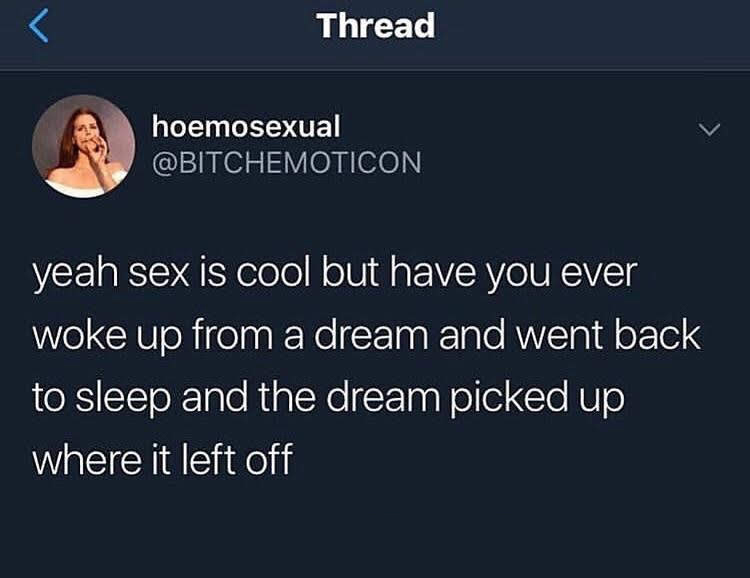 presentation - Thread hoemosexual yeah sex is cool but have you ever woke up from a dream and went back to sleep and the dream picked up where it left off