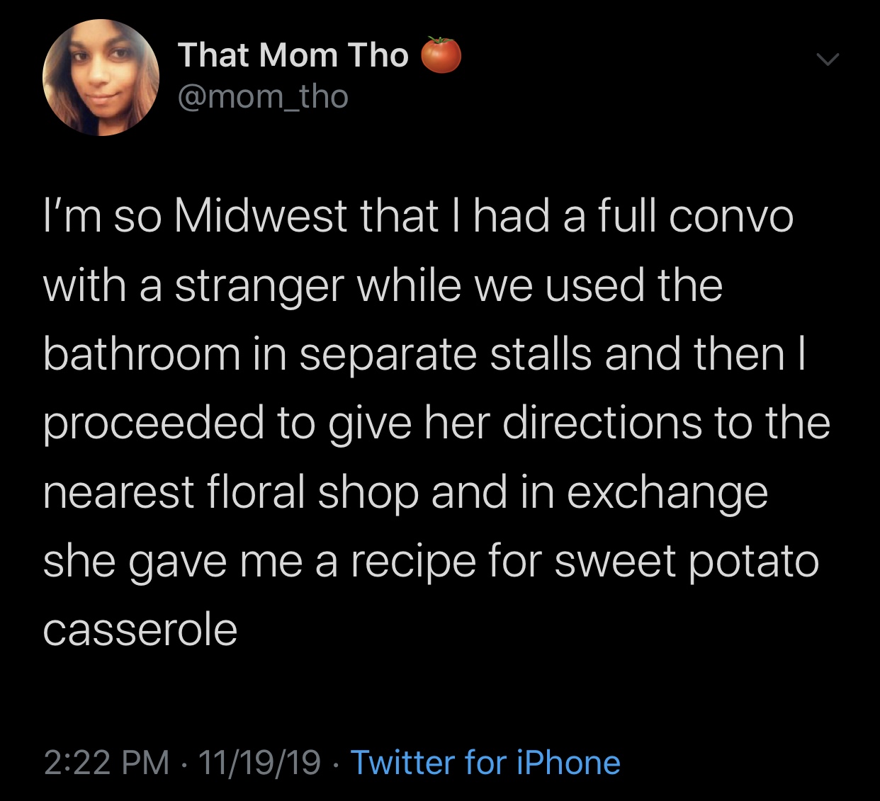 wholesome meme - heidi o ferrall tweet - That Mom Tho I'm so Midwest that I had a full convo with a stranger while we used the bathroom in separate stalls and then || proceeded to give her directions to the nearest floral shop and in exchange she gave me 