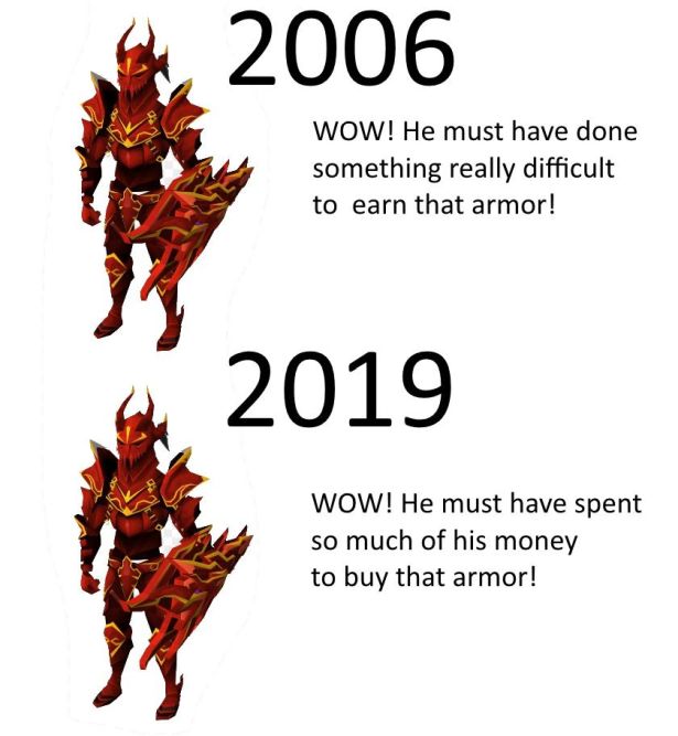 graphics - 2006 Wow! He must have done something really difficult to earn that armor! 2019 Wow! He must have spent so much of his money to buy that armor!