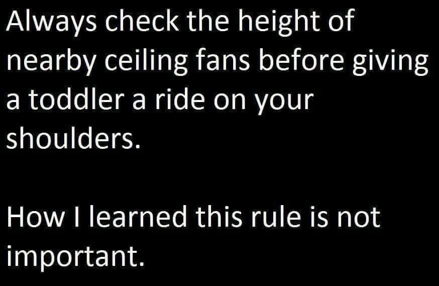 Always check the height of nearby ceiling fans before giving a toddler a ride on your shoulders. How I learned this rule is not important.